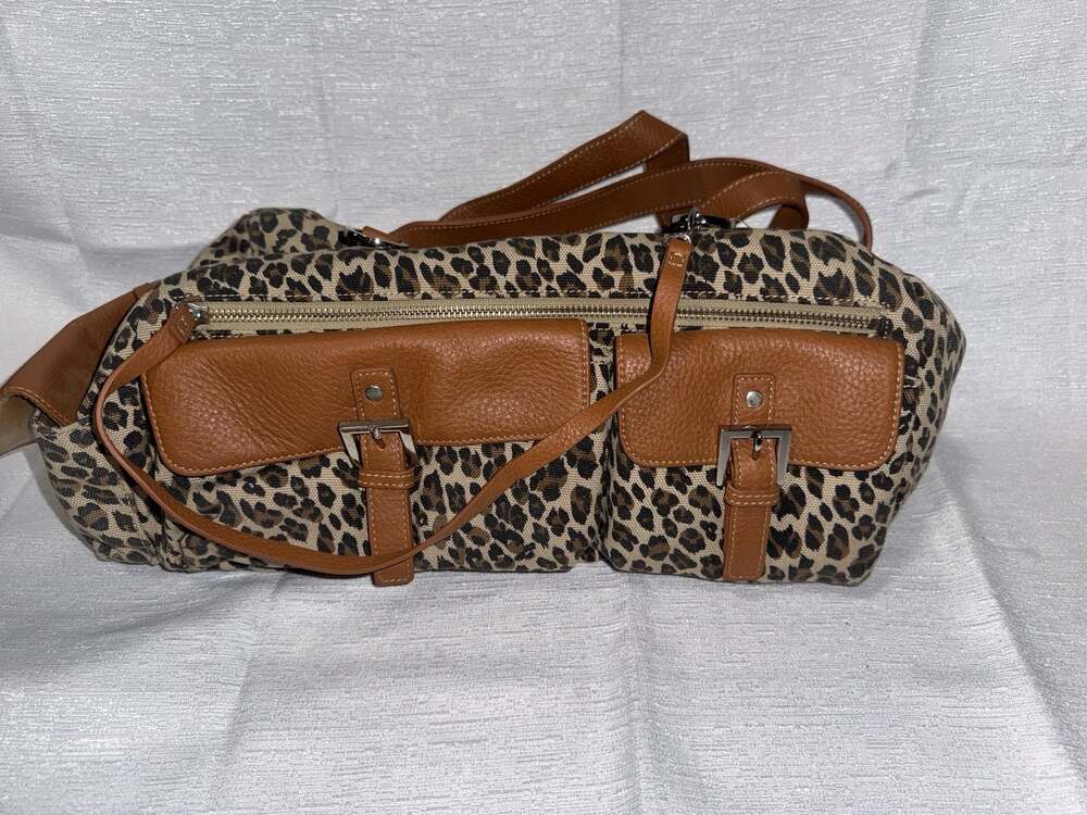 Franco Sarto Leopard Print Canvas and Leather Hobo Bag with Buckle Pockets